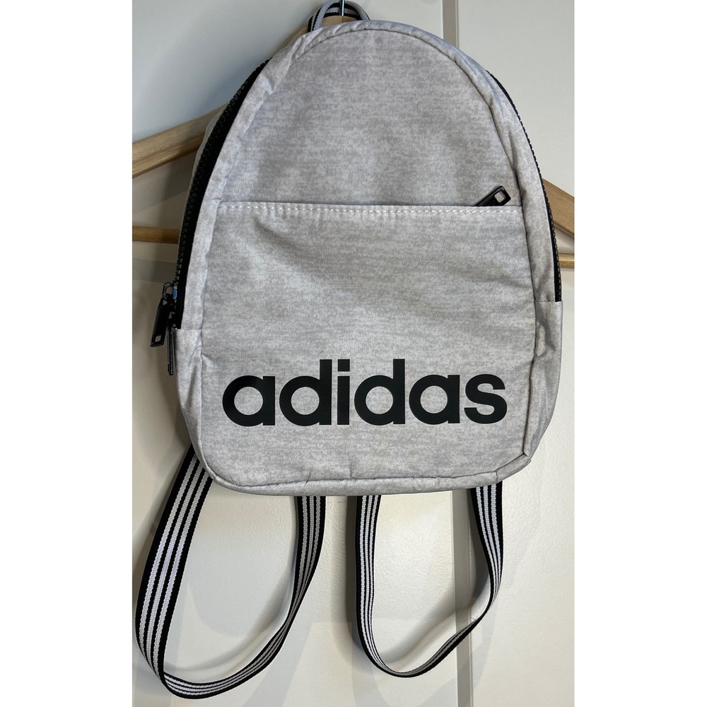 Adidas Mini Backpack Heather Grey Black Logo Quilted Back Striped Straps Sporty